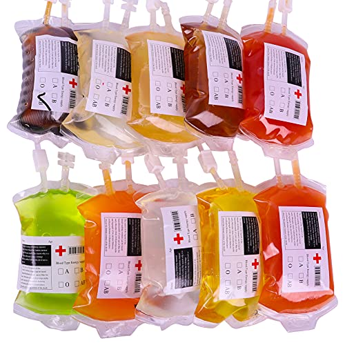 Blood Bag IV Bags Drink Cups - Set of 10 Blood Bags for Drink, 13.5 FL Oz 400ml with 1 funnel 10 Labels and 10 Clips, Halloween/Vampire/Zombie/Nurse Graduation/Hospital Theme Party Favors