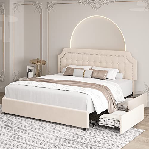 Queen Bed Frame With Storage And Adjustable Headboard, Bed Frame With 4 Drawers And Wooden Slats Support,Velvet, Beige #TOP3