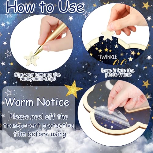 Image of Wenqik 63 Pcs Moon and Star Baby Shower Guest Book Alternatives Set Baby Shower Decorations with Photo Frame Sonogram Frame Keepsake 60 Wood Slices Guest Book for Birthday