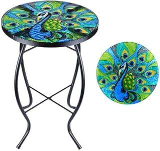 MUMTOP Patio End Table Outdoor Side Tables 14 Round Accent Table Peacock Glass Metal Side Table Plant Stand Decor for Garden, Balcony Indoor Use