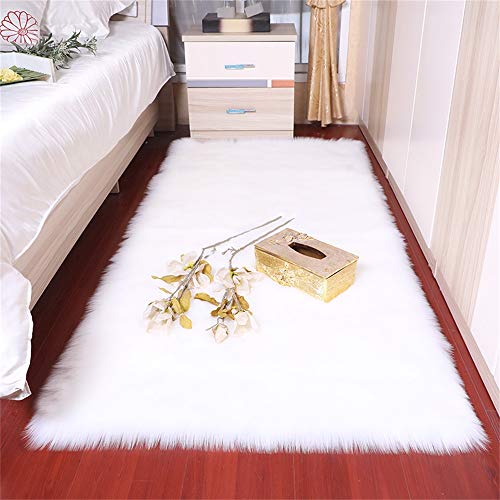 QSSM Luxury Faux Sheepskin Fur Area Rugs, Silky Long Wool Carpet, Shaggy Plush Carpet for Living Room Bedroom, Children Play Dormitory Home Decor Rug(2x6ft, White)