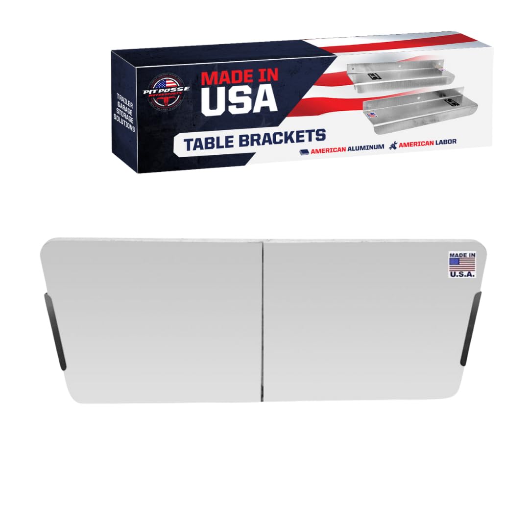 Pit Posse 550 Folding Work Picnic Table Holder Wall Mount for Enclosed Race Trailer Shop Garage - Made in USA - Aluminum Bracket Storage Organizer Folds Flat Against Wall -5th Wheel, Toy Hauler,Camper