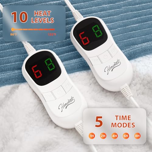 Image of Homemate Electric Heated Blanket King Size - 100 inchx90 inch Heating Blanket King Size Dual Control 1 /2 /4 /6 /8 Hours Auto-Off 10 Heat Level Over-Heat Protection Soft Flannel Sherpa ETL Certification
