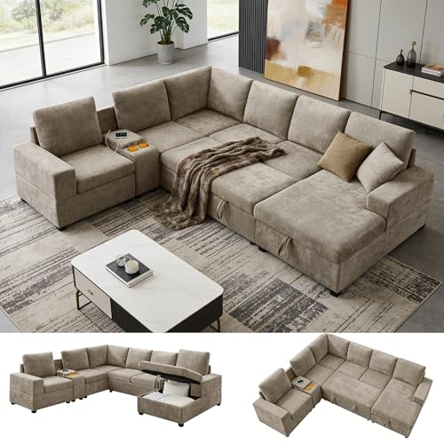 VANOMi Modular Sectional Sofa with Storage, 119" Sofas & Couches with Pull Out Bed, L Shaped Sectional Sleeper Sofa with Chaise & Console 7 Seater Couches for Living Room, Office, Apartment, Camel