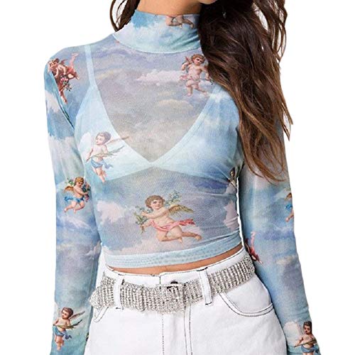 Womens Long Sleeve Tops Angel Print Sexy Sheer Mesh Crop Top Skirt Mock