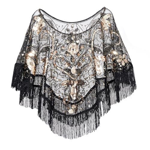 Lufdegim Lenços para mulher, estola dos anos 20, estola dos anos 20, xaile de lantejoulas, lenço retro para casamento, festa de Gatsby, vestido de noite, acessórios de disfarce, preto, 15 cm, Preto