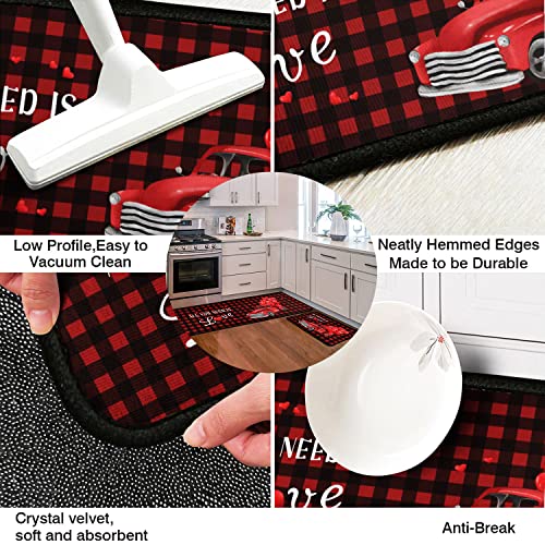 Faptoena Kitchen Rugs And Mats Sets Of 2,Valentine's Day Kitchen Rugs Red Truck Love Heart Buffalo Plaid Decoration Non-Slip Rugs,Rubber Backing Waterproof Floor Mat,17X30+17X48Inch #TOP6