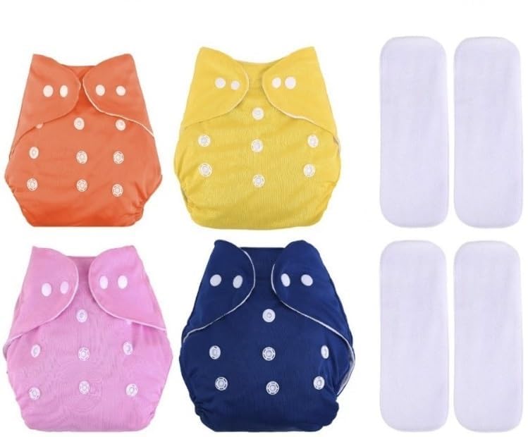 4NEwBiES Reusable Baby Cloth Nappies with Inserts, 4 Diapers and 4 Pads, Adjustable Size 3-15 kg, Multi-Colour (Pack of 2)-image-5