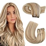 Moresoo Sew in Hair Extensions Real Human Hair Blonde Highlights Remy Human Hair Weft Extensions Medium Brown with Blonde Sew in Weft Hair Extensions Human Hair 100g 18 Inch