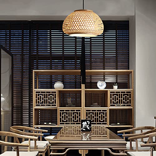 Suspension LED E27 beige en bambou tissé main style industriel moderne - 2