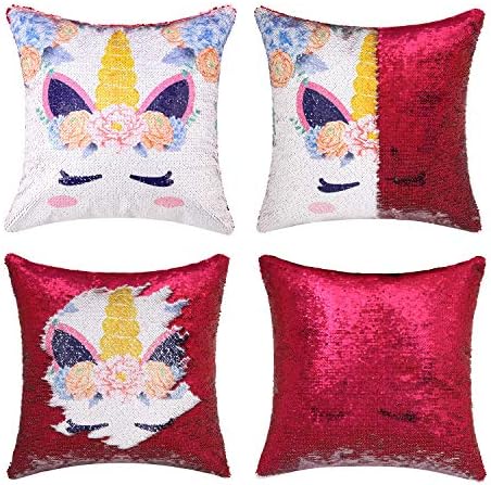 Merrycolor Unicorn Gifts Mermaid Throw Pillow Cover Magic Reversible Sequin Cushion Cover Decorative Pillowcase That Change Color(Rose Red)