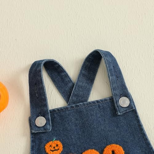 Newborn Baby Girl Halloween Clothes Pumpkin Ghost Romper Overalls Ruffle Jean Denim Bodysuit4
