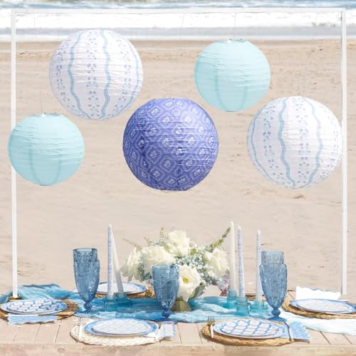 Image of xo, Fetti Blue Coastal Paper Lanterns - 6 pcs. | Beach Party Decorations, Bachelorette Lights, Nautical Birthday Tablescape, Seaside Shower Centerpiece