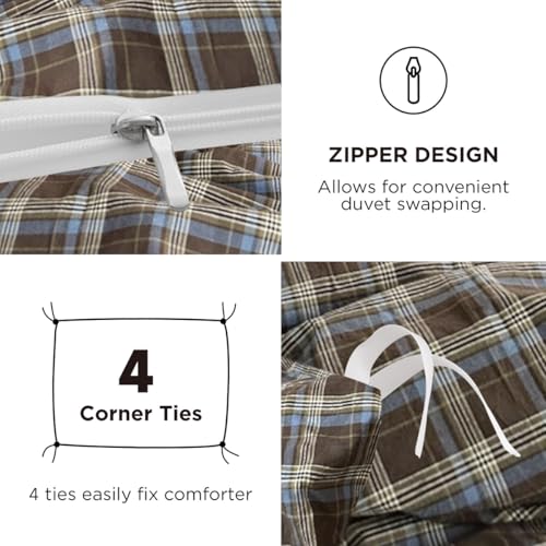 Image of Plaid Duvet Cover Set Twin Size,Brown Blue Gingham Patterned Bedding Set for Girls Boys,Modern Soft Breathable Microfiber Comforter Cover 2 Pieces with Zipper Closure and 1 Pillow Sham