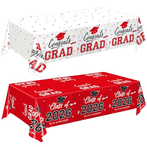 Image of Oigco 2026 Graduation Decorations, 2 Pack Red Graduation Tablecloths Class of 2026, Congrats Grad Plastic Table Cloths for Graduation Party Decorations, 54 x 108 Inch