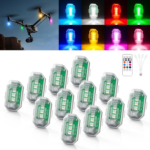 WOLFWILL Wireless RGB LED Aircraft Strobe Lights Remote Control, 8 Colors 10 Flash Modes DIY Mode Anti Collision Lights Waterproof Emergency Warning Light for Large Drone Car Motorcycle Bike 12Pcs
