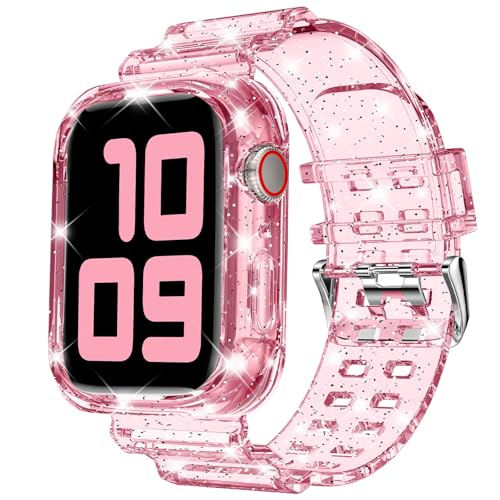 DABAOZA Compatible for Clear Apple Watch Band with Bumper Case 45mm 44mm 42mm, Women Men Glitter Bling TPU Sport Strap for iWatch SE Ultra 3 2 Series 11 10 9 8 7 6 5 4 3 2 1（GlitterPink,45/44/42）