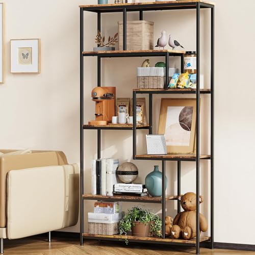 Bealife Libreria Alta a 7 Ripiani，Libreria Scaffale ，Scaffale Portaoggetti,Struttura in Metallo, per Soggiorno e Camera da Letto、Studio、Ufficio, Stile Retrò