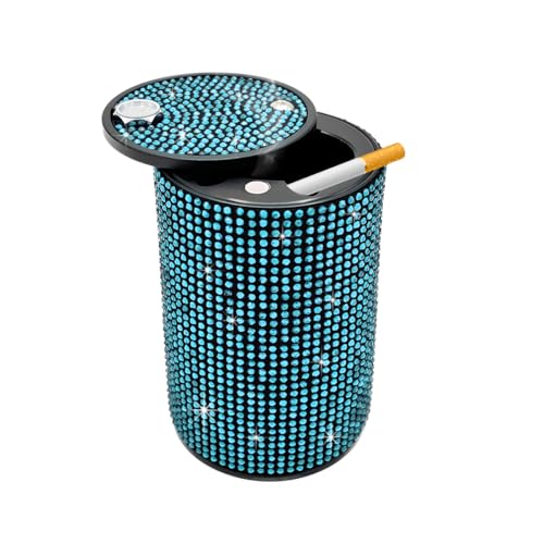 Image of Car Cigarette Ashtray with Lid, Stainless Steel Bling Crystal Diamond Smokeless Fireproof Vehicle Ashtray Holder, Portable Sparkling Ashtray Cup Holder for Car Home Office (Blue)