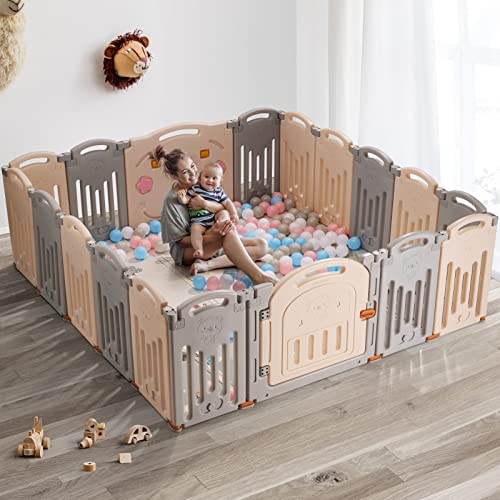 Uanlauo 18 Panel Extra Large Playpen for Babies Toddlers, Baby Fence, Foldable Playpen, Safety Material Portable Play Yards with Gate, NO Gaps Play Area Indoor Outdoor Use (Off-White)