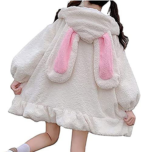 Casaco feminino de coelho fofo para outono e inverno com capuz para mulheres, moda moderna, Branco,