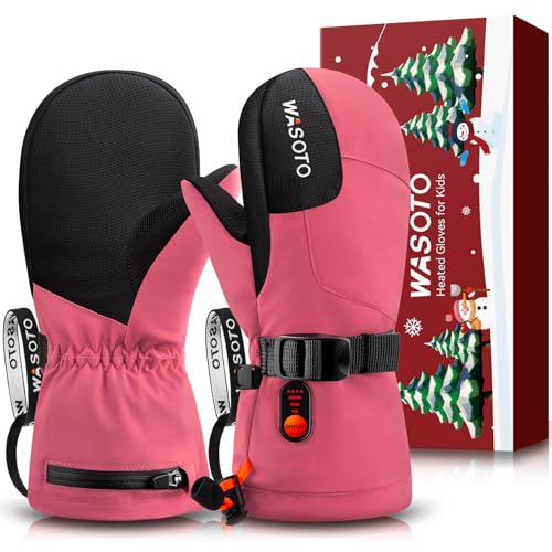 WASOTO Heated Mittens Gloves for Kids Children Waterproof HeatedGloves 7.4V 3000mAh Electric Rechargeable Heated Ski Gloves for Skiing Snowboarding Snowmobiling Raynaud Hiking (HeatedMittens P-M)