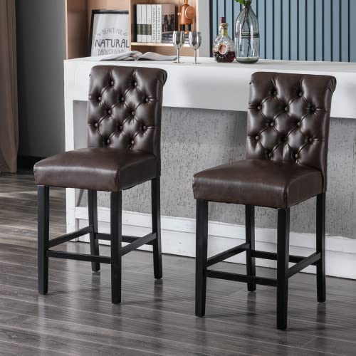 Chairus Counter Height Bar Stools Set Of 4, Mid Century Modern 26 Inch Barstools With Button Tuted Back Comfy Upholstered Pu Leather Wood Bar For Home Bar/Kitchen Island/Restaurant, Coffee #TOP3