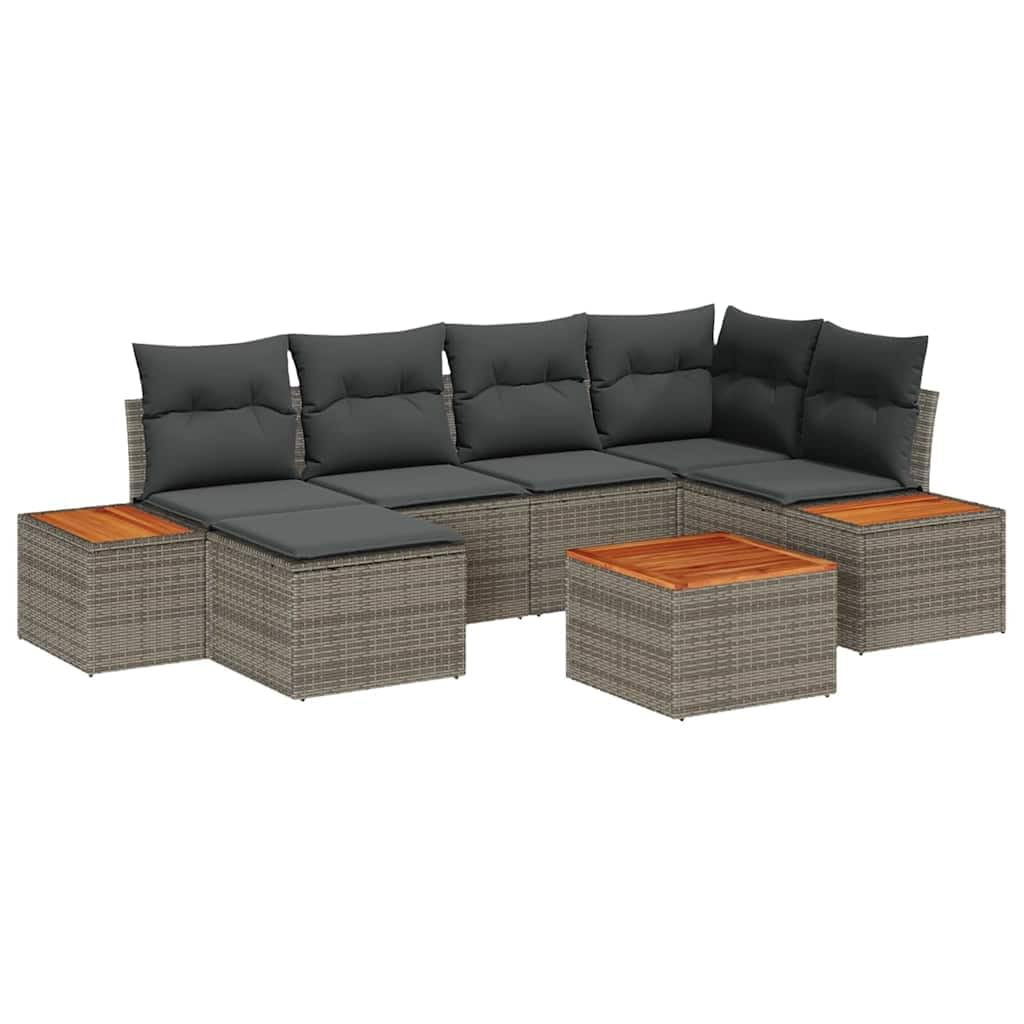 Sofá de jardín gris de 7 piezas con cojines de poliratán y madera de acacia, diseño modular moderno con sofá esquinero, dos asientos centrales, dos sofás extendidos, mesa auxiliar,