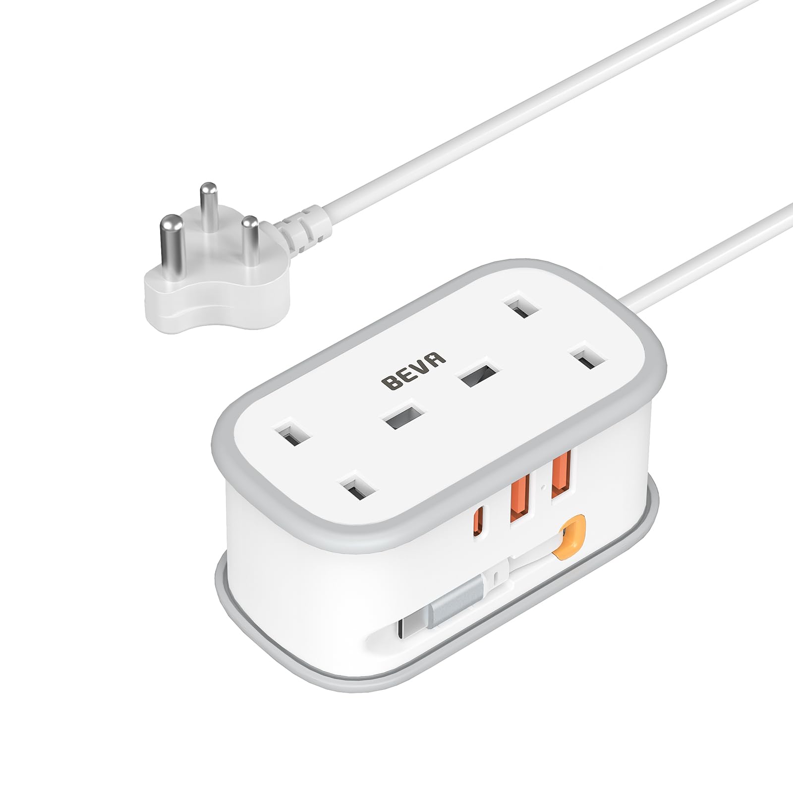 UK to European Plug Adapter with 1.5M Extension Cable, BEVA 2 Way 3 USB (2A+1C) Travel Adapter with Retractable USB C Cable for Germany France Spain Turkey Greece Iceland etc (Type E/F) — view 9