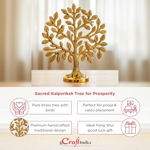 Image of eCraftIndia Pure Brass Kalpvriksh Tree with Birds | Kalpavriksha Tree of Life Showpiece for Home Decor Puja Temple Ornament | Vastu Feng Shui Items for Good Luck Gift for Housewarming Birthday