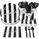 Black and Gold Striped Celebrate Plates, Napkins, Cups, and Cutlery (Serves 24, 144 Pieces)