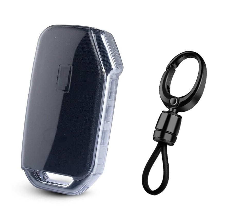 Image of JVCV Soft TPU Transparent Black Key Cover Compatible with Kia Seltos 2023 Facelift HTX Carens X Line Clavis EV 3 /4 Button Smart Key (with Keychain - Style A)