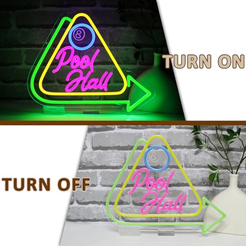 Image of Pool Hall Neon Sign for Wall Decor, Billiards Led Signs for Business, USB Dimmable 15.3 inch x 12.6 inch Neon Lights for Game Room Billiards Hall Garage Bar Club Man Cave Arcade Wall Art