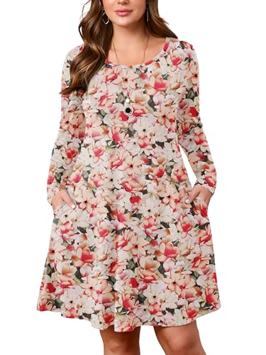 Image of AusLook Women's Plus Midi Dress Long Sleeve Crew Neck A-Line Swing Flowy Vacation Fall Wedding Guest Dresses with Pocket 1-5X