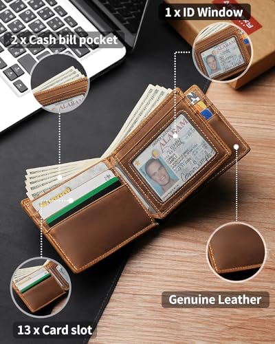 Image of Artpaxy Mens Wallet Bifold Genuine Leather RFID Blocking Wallet for Men with 1 ID Window 13 Card Holders 2 cash pockets 1 Gift Box
