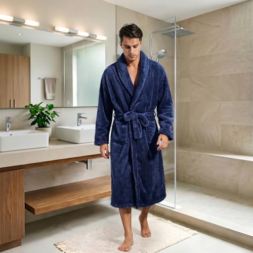 Image of Inner Wish Mens Plush Fleece Robe, Highly Absorbent Cozy Warm Bathrobe Fuzzy Male Spa Long Robe With Pockets