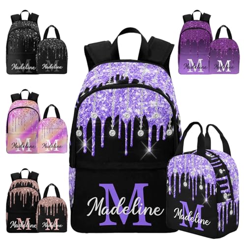 Custom School Backpack with Lunch Box for Boys Girls, Personalized Glitter Casual Backpack Schoolbag with Name for Kids Customized Children's Bookbag for Students Back School