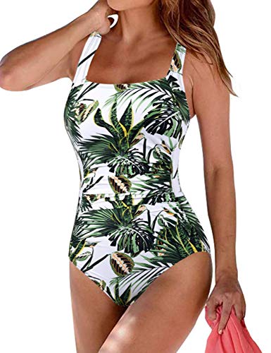 Firpearl Women's One Piece Bathing Suits Ruched Tummy Control Plus Size Swimwear 16 Green Leaves Cover