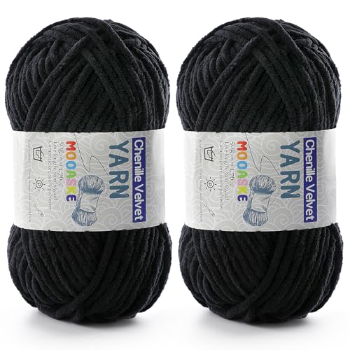 Image of 2 Pac Chenille Yarn for Crocheting - Blanket Yarn for Crocheting - Fluffy Yarn for Crochet, Baby Yarn for Crocheting Soft Blankets Weight Per Roll 50g /1.76oz, Length 60m /65yard (Black)