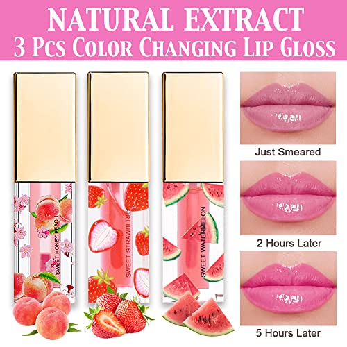 Image of evpct 3Pcs Peach Strawberry Watermelon Mini Clear Color Change Changing PH Tinted Lip Gloss Balm Set for Women Girls Lip Oil Gloss Tint Stain Glaze Pack bulk labiales magicos brillos para labios