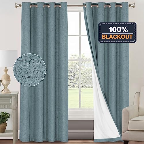 Image of PrinceDeco Linen Blackout Curtains 84 Inches Long 100% Blackout Curtains for Bedroom /Living Room Textured Linen Look Curtain Energy Saving with White Liner,Stone Blue, 52x84 Inch (2 Panels)