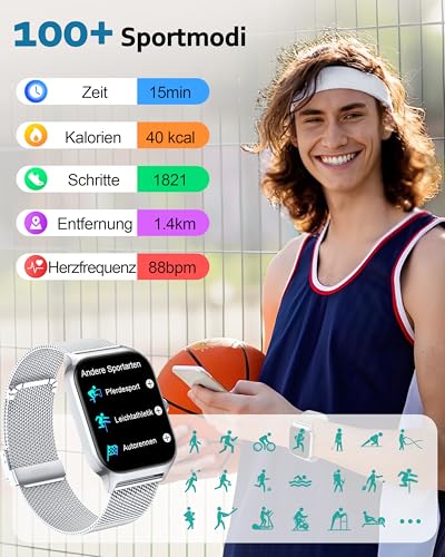 Popglory Smartwatch mit Telefonfunktion Herren Damen, 1,85 HD-Bildschirm Fitnessuhr, Blutdruckmessung Herzfrequenz SpO2 Druck Schlaf Menstruation, 100 + Sportmodi, Weltuhr Rechner Wetter, Android iOS