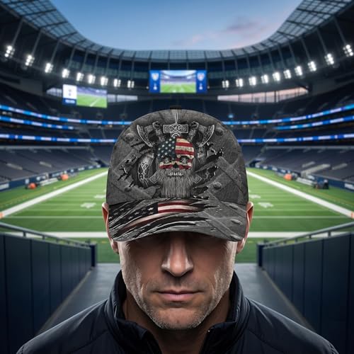 Image of Viking American Flag Skull Cap for Men, Viking Skull Us Flag Skeleton Gothic Horror, Adjustable Caps for Men Women