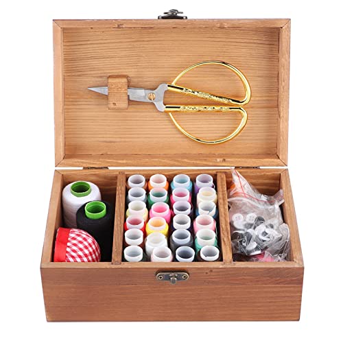 Sewing Storage Box, Vintage Wooden Sewing Basket Needle Thread Storage Case Beginner Universal Sew Kit Accessories for Home Women Men (Dandelion Set Box)
