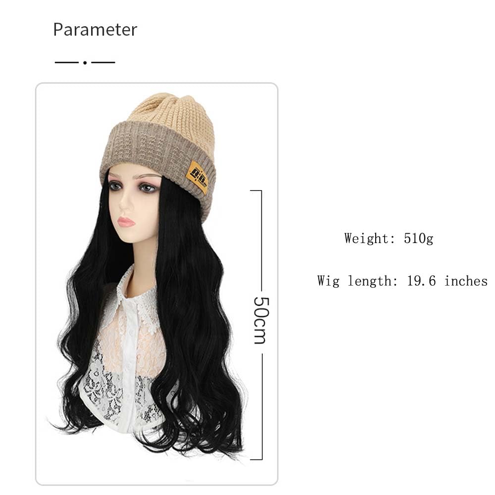 Women beanie hats Knit hat wig with19.6Inch Long Wavy Curly Hair Extensions Winter Warm Knit Hat Wig（Two wearing methods）