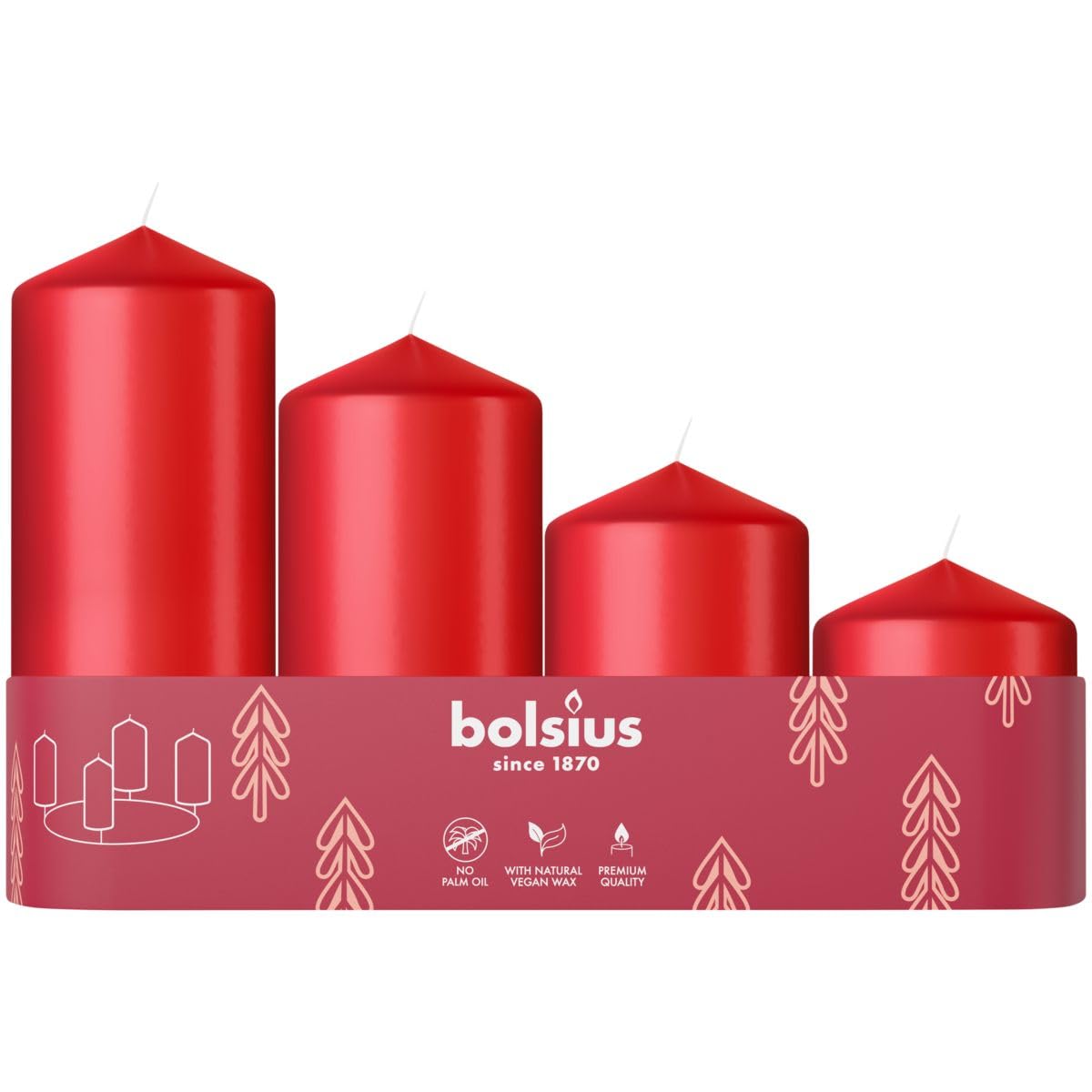 Bolsius Smooth Pillar Candles - Set of 4 - Advent - Red - Various Sizes 12-10-8-6 cm- Decorative Household Candles - Long Burning Time - Unscented - with Natural Plant Wax - Without Palm Oil - Ø48mm
