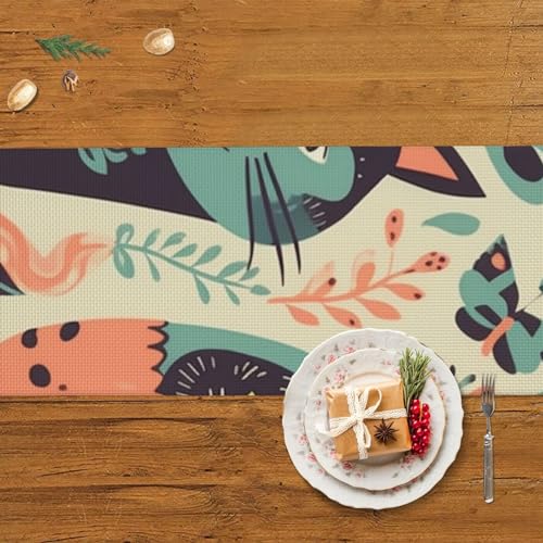 Chemin de table en lin chat pour décoration de cuisine et repas de fête