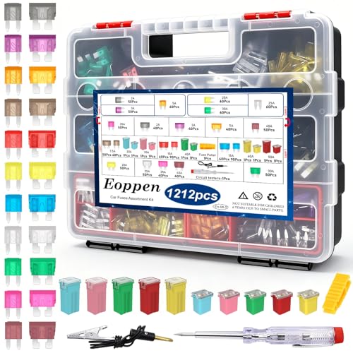 Eoppen 1212Pcs Car Fuses Assortment Kit with Fuse Puller and Circuit Tester Standard & Mini Fuse Kit & Tall/STD Profile Box Shaped Automotive Fuse for Cars Trucks and SUV Boat