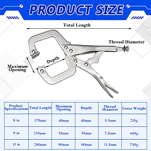 Image of 4 Pcs Locking C Clamp Set, Locking Pliers with Fixed and Swivel Pads, 6 Inch, 9 Inch, 11 Inch, Metal Tools Welding Clamps for Home Farm