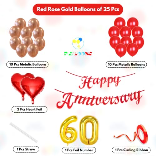 Image of Flyloons 60th Happy Anniversary Decoration Items Red Rose Gold for Women Husband Wife Mom Dad Couple Bedroom Car With 20 Pcs Metallic Balloons Anniversary Banner 2 Pcs Heart Set Kit Diamond Jubilee